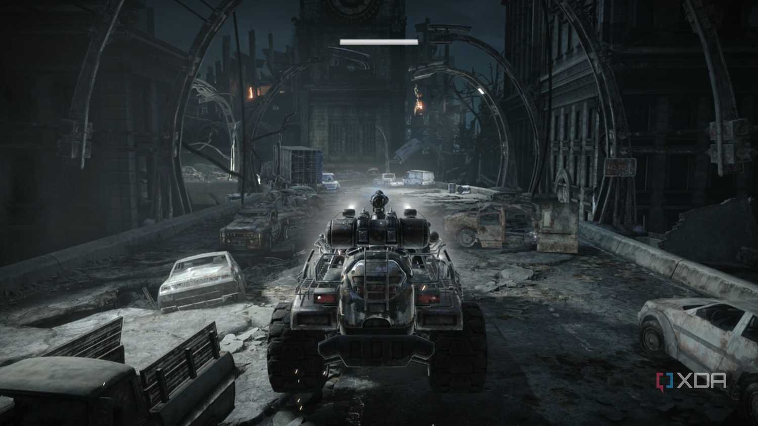 A screenshot of driving the truck and escaping the Kryll in Gears of War: Reloaded