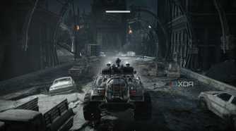 A screenshot of driving the truck and escaping the Kryll in Gears of War: Reloaded