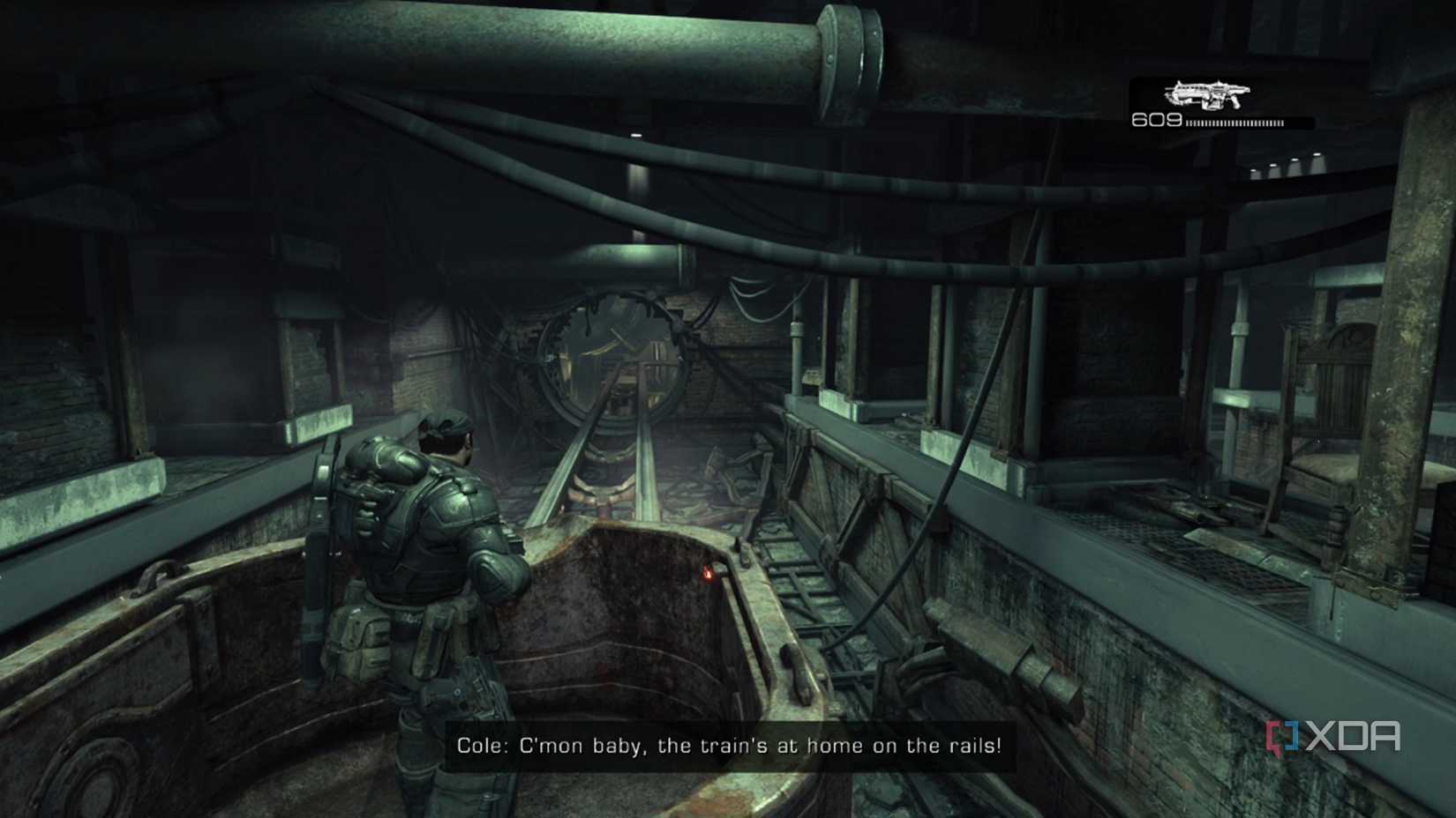 A screenshot of Marcus on a moving cart in Gears of War: Reloaded
