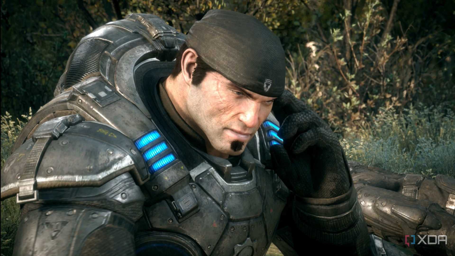 A close screenshot of Marcus Fenix in Gears of War: Reloaded