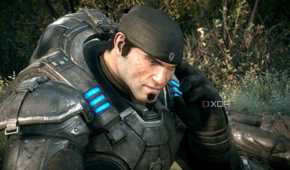 A close screenshot of Marcus Fenix in Gears of War: Reloaded