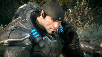 A close screenshot of Marcus Fenix in Gears of War: Reloaded