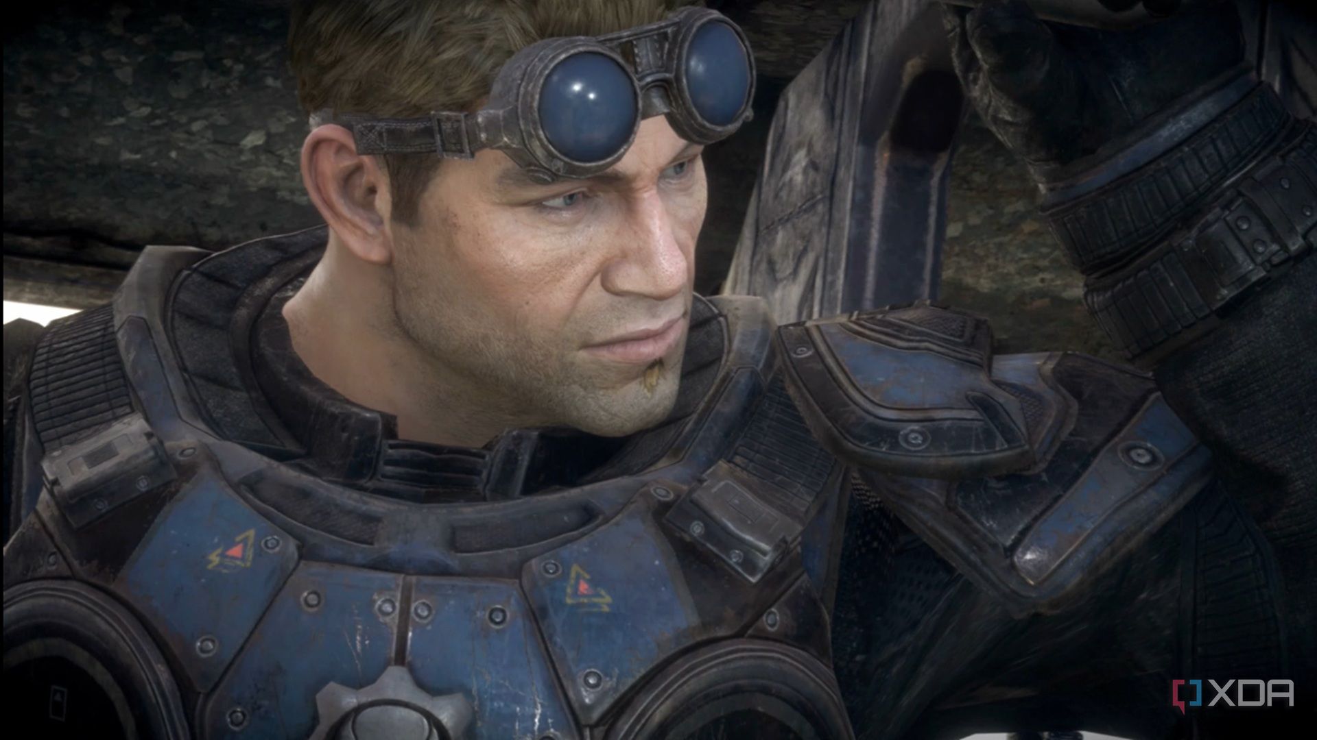 A close screenshot of Baird in Gears of War: Reloaded