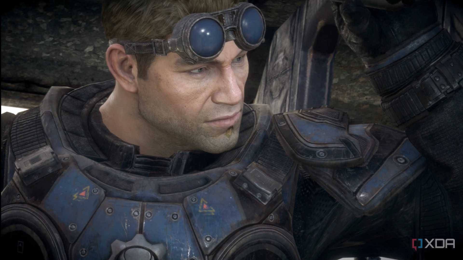 A close screenshot of Baird in Gears of War: Reloaded