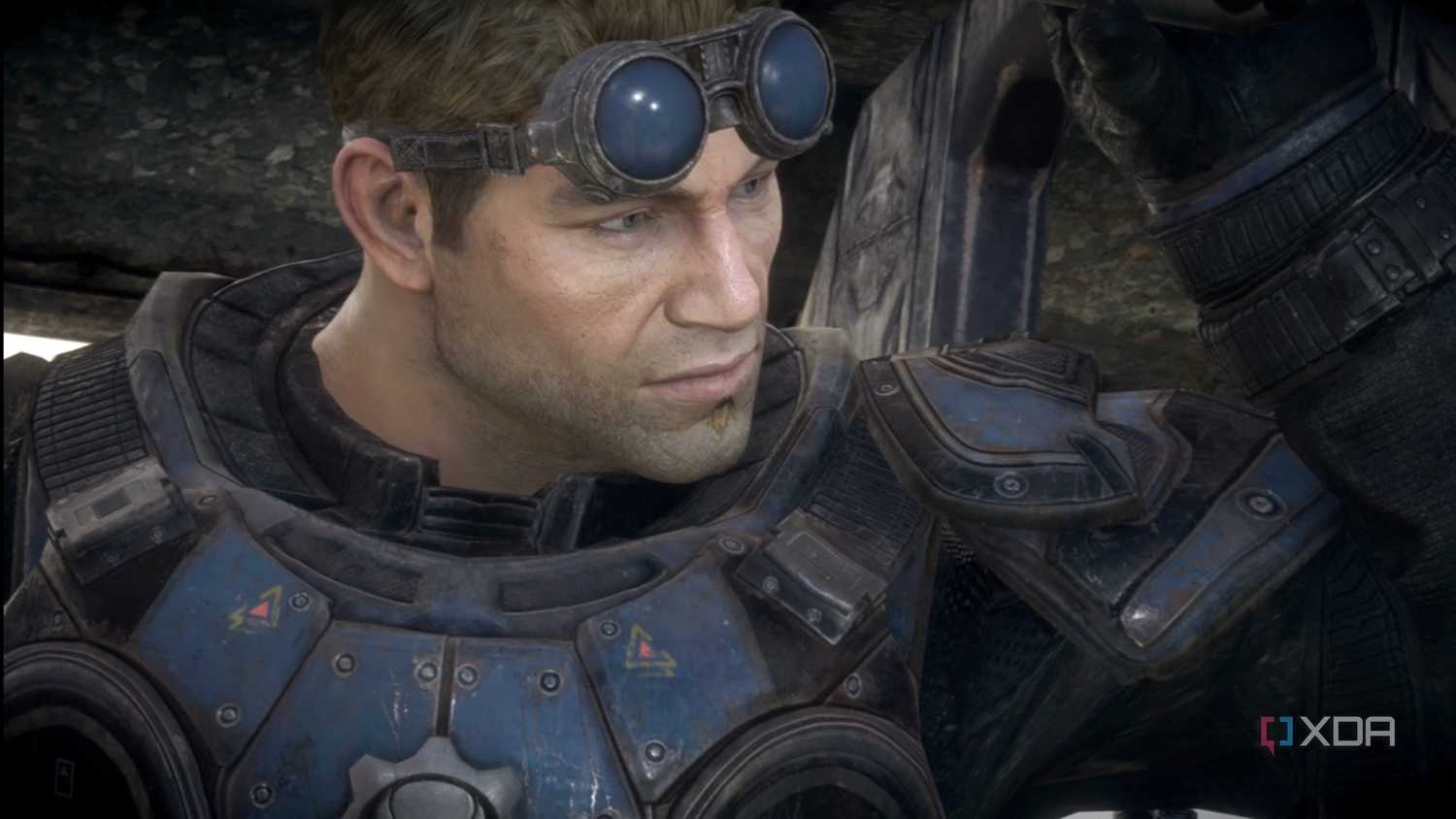 A close screenshot of Baird in Gears of War: Reloaded