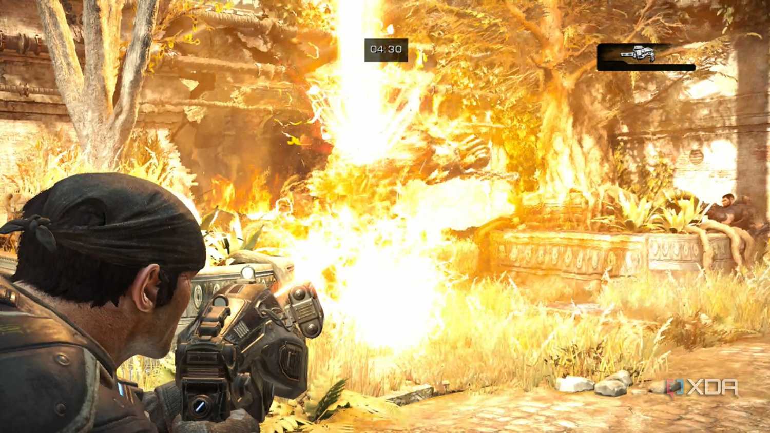 A screenshot of Marcus using the Hammer of Dawn in Gears of War: Reloaded