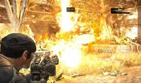 A screenshot of Marcus using the Hammer of Dawn in Gears of War: Reloaded