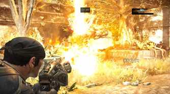 A screenshot of Marcus using the Hammer of Dawn in Gears of War: Reloaded