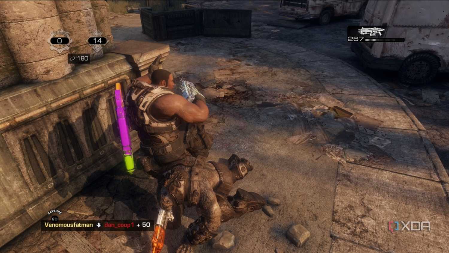 A screenshot of stomping an enemy during multiplayer in Gears of War: Reloaded