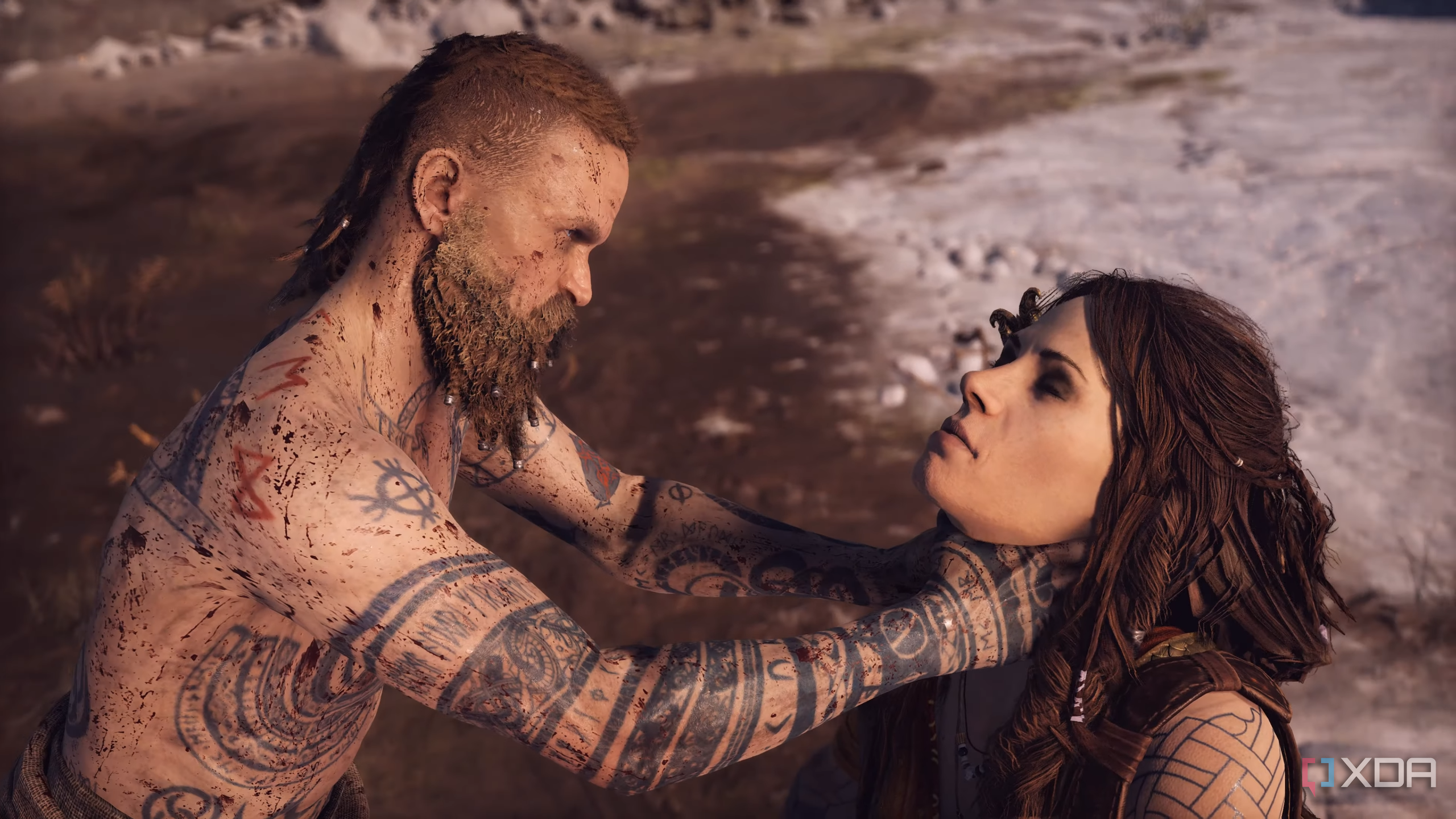 Baldur choking his mother, Freya, in 2018's God of War.