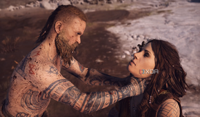 Baldur choking his mother, Freya, in 2018's God of War.