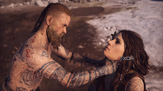 Baldur choking his mother, Freya, in 2018's God of War.