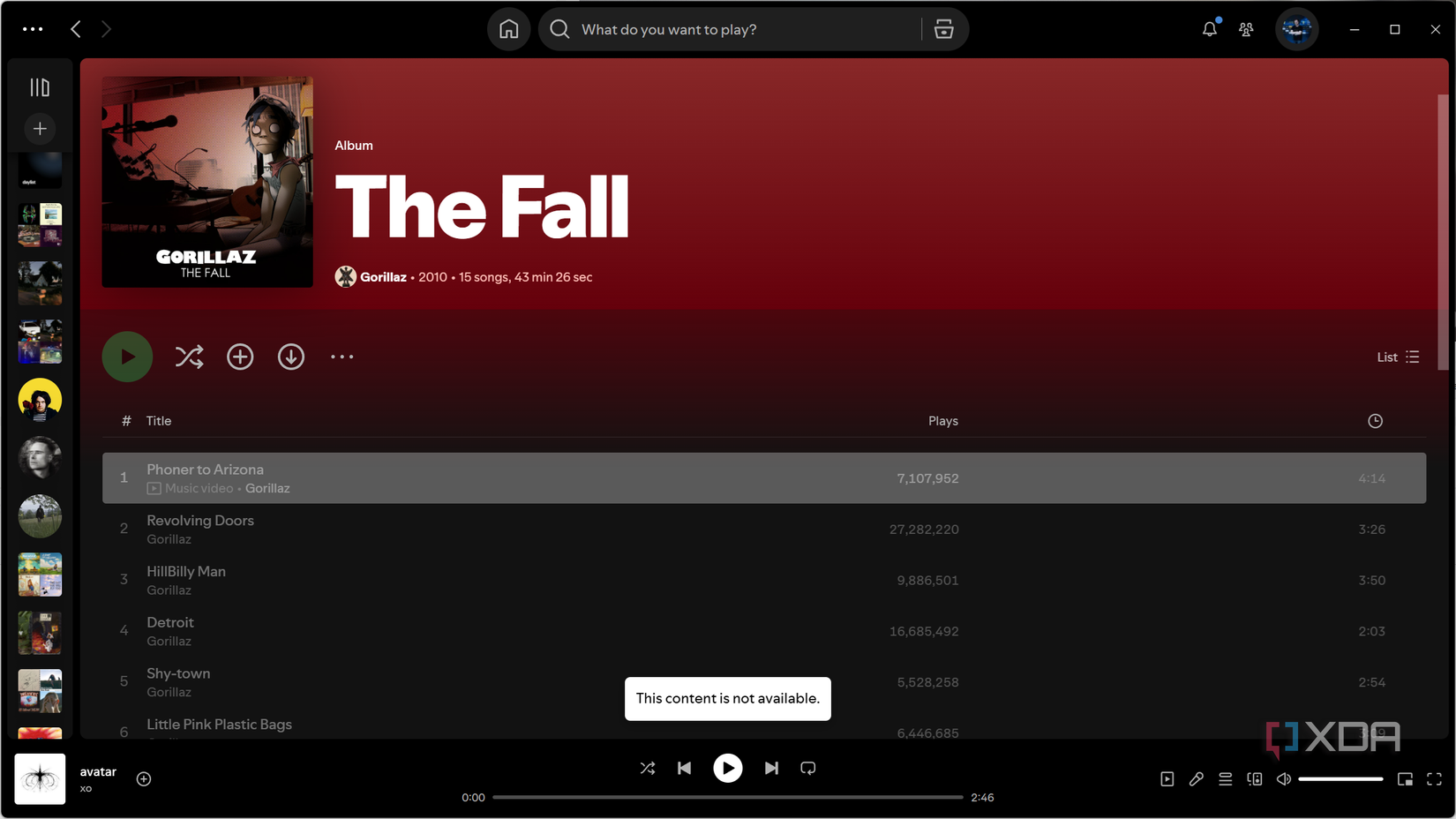 Gorillaz The Fall on Spotify, where it says that content is not available