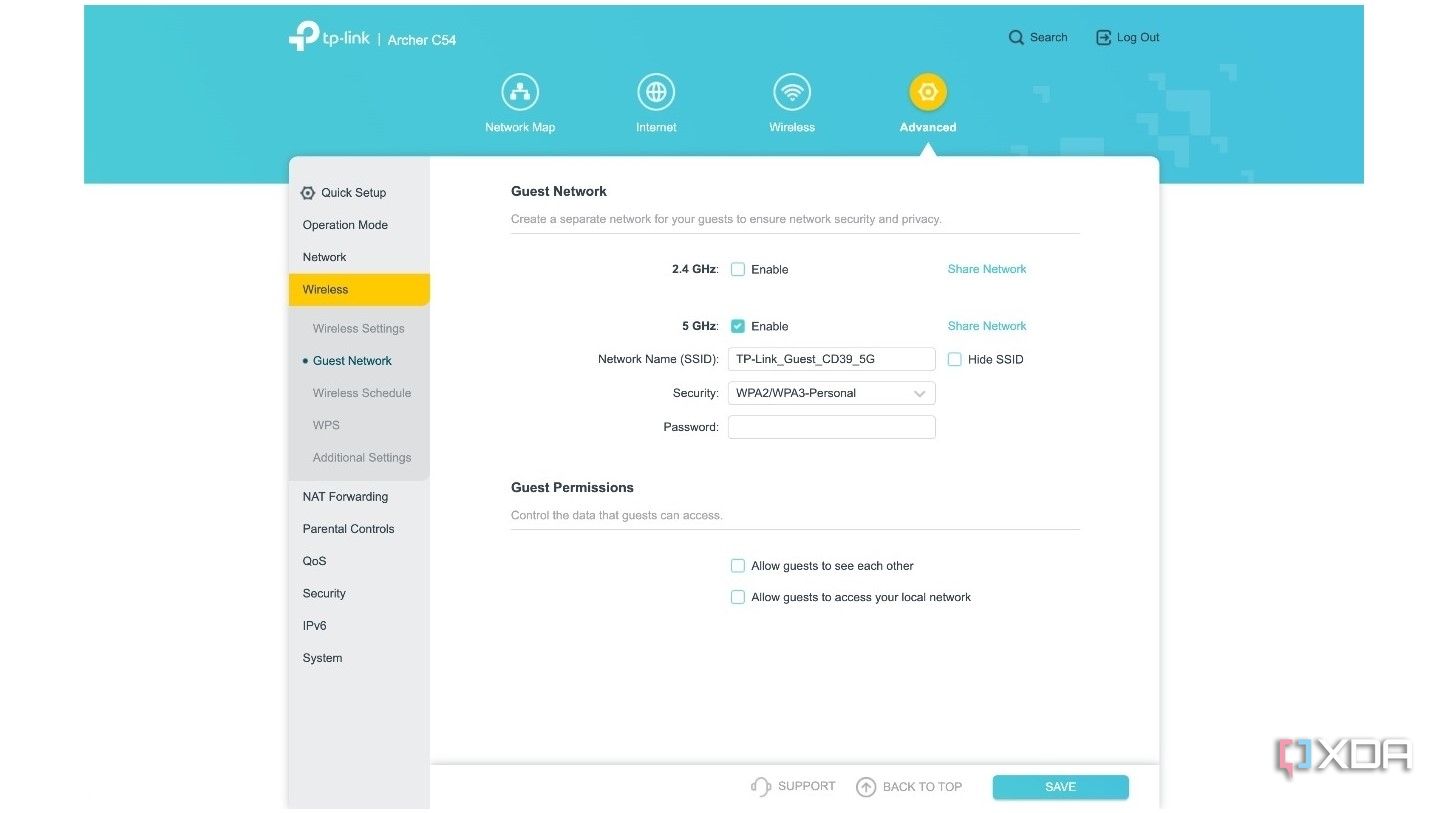 Guest network settings with network name and security type