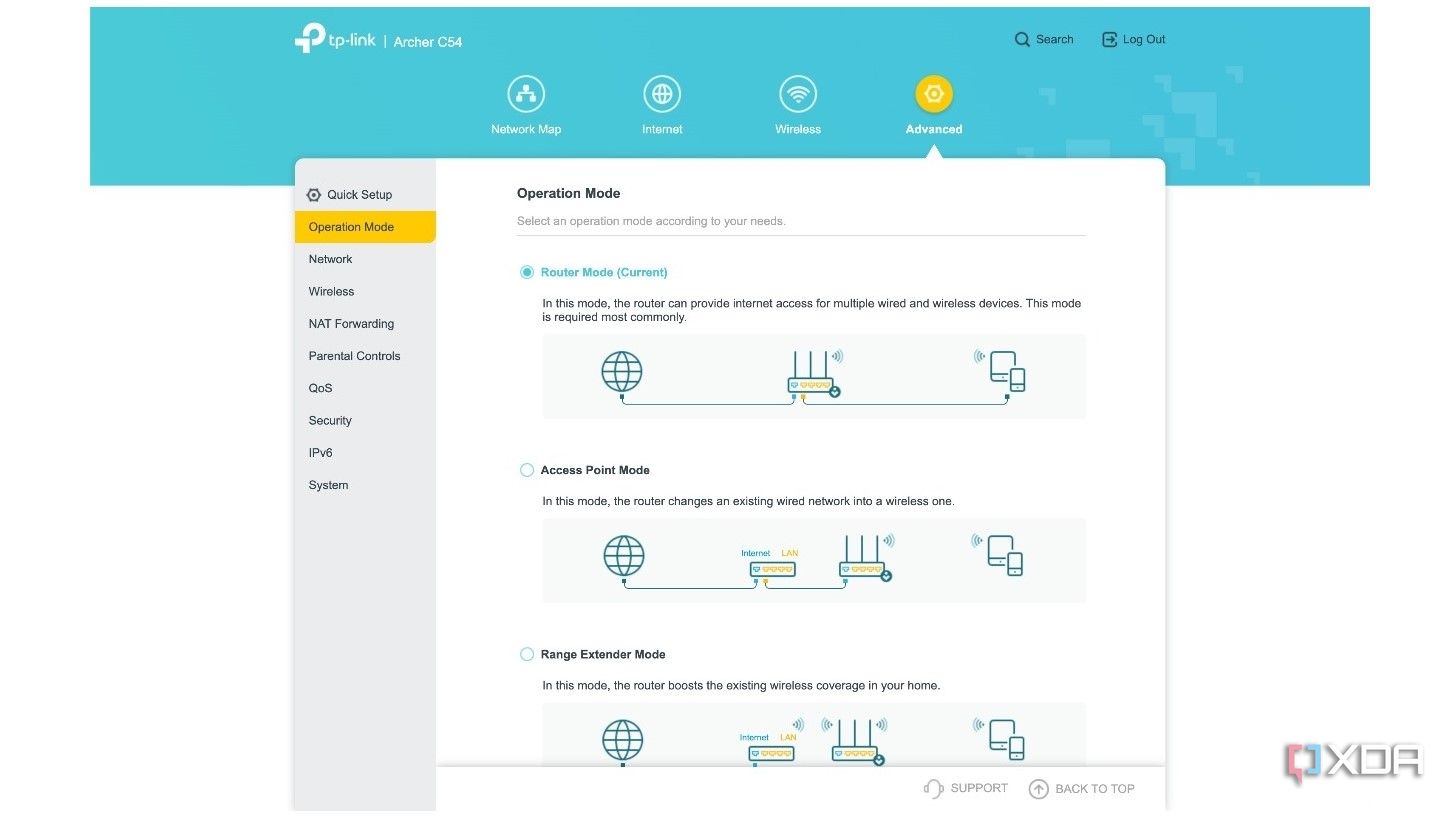 Guest network settings with access point mode, router mode, and range extender mode