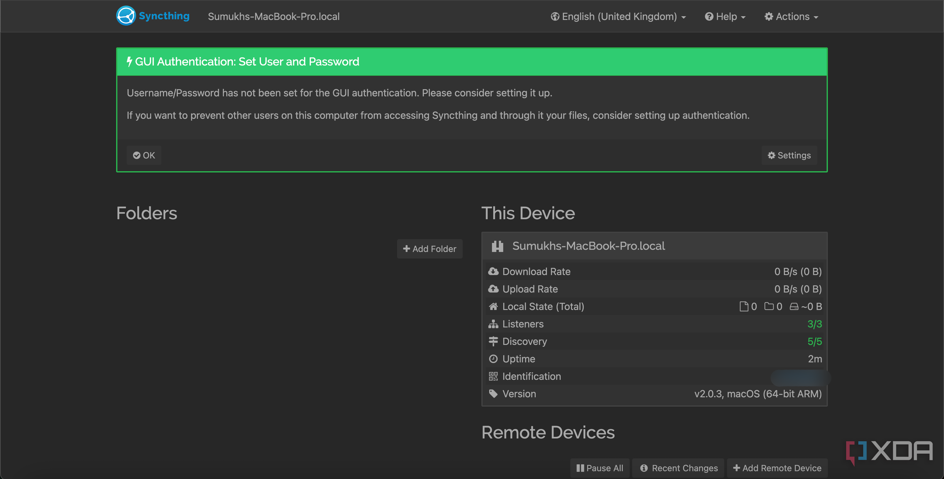 GUI authentication on Syncthing