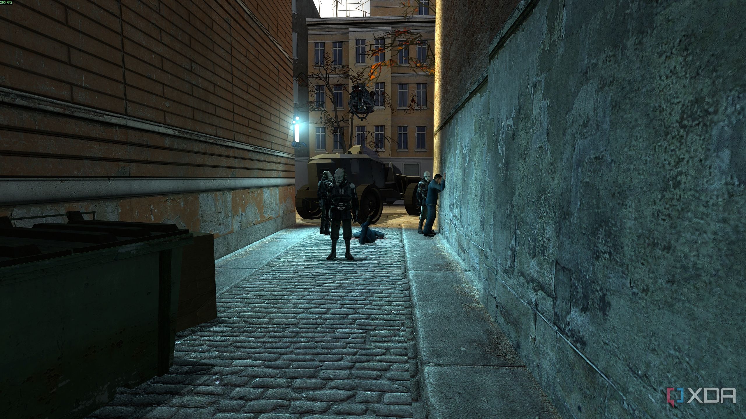 Civil Protection soldiers beating up citizens in an alley in Half-Life 2.