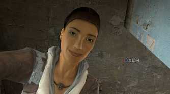 Alyx looking at Gordon in Half-Life 2.
