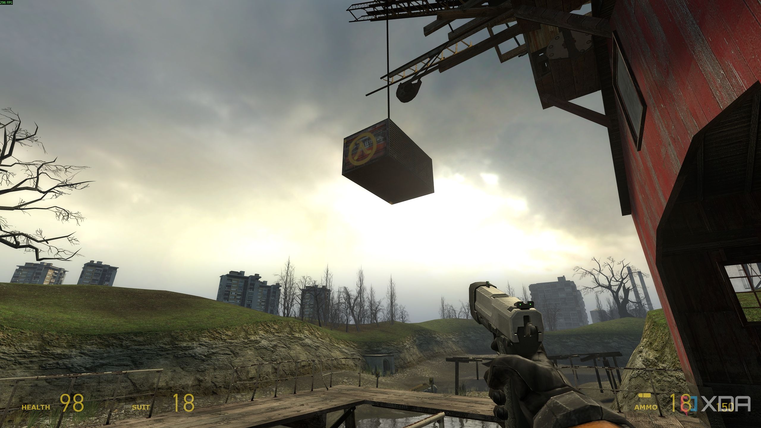 A lambda supply container hanging overhead in Half-Life 2.