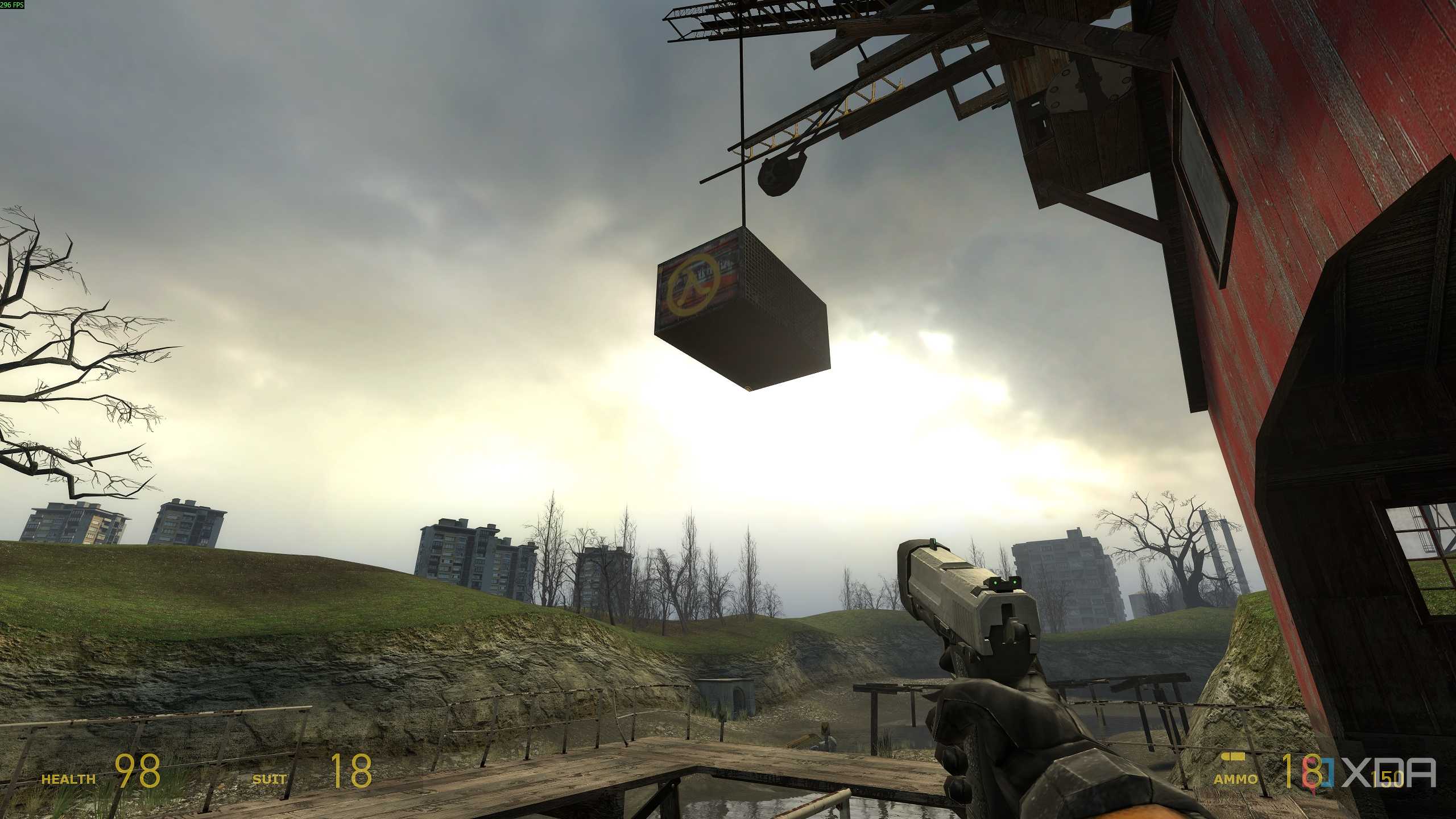 A lambda supply container hanging overhead in Half-Life 2.
