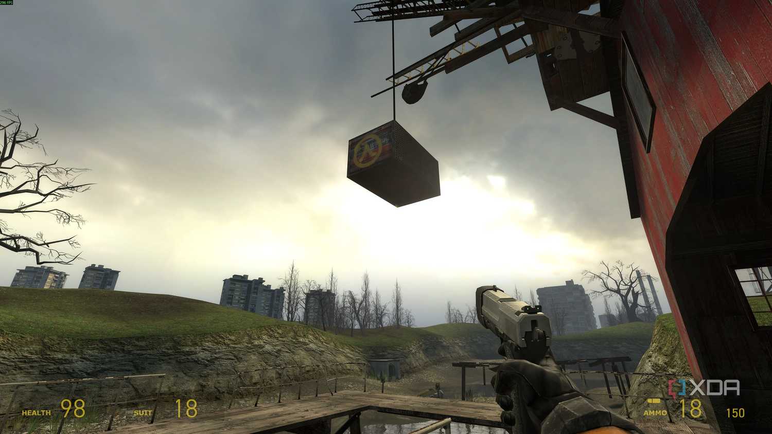 A lambda supply container hanging overhead in Half-Life 2.