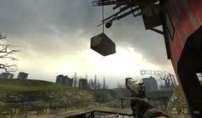 A lambda supply container hanging overhead in Half-Life 2.