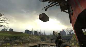 A lambda supply container hanging overhead in Half-Life 2.