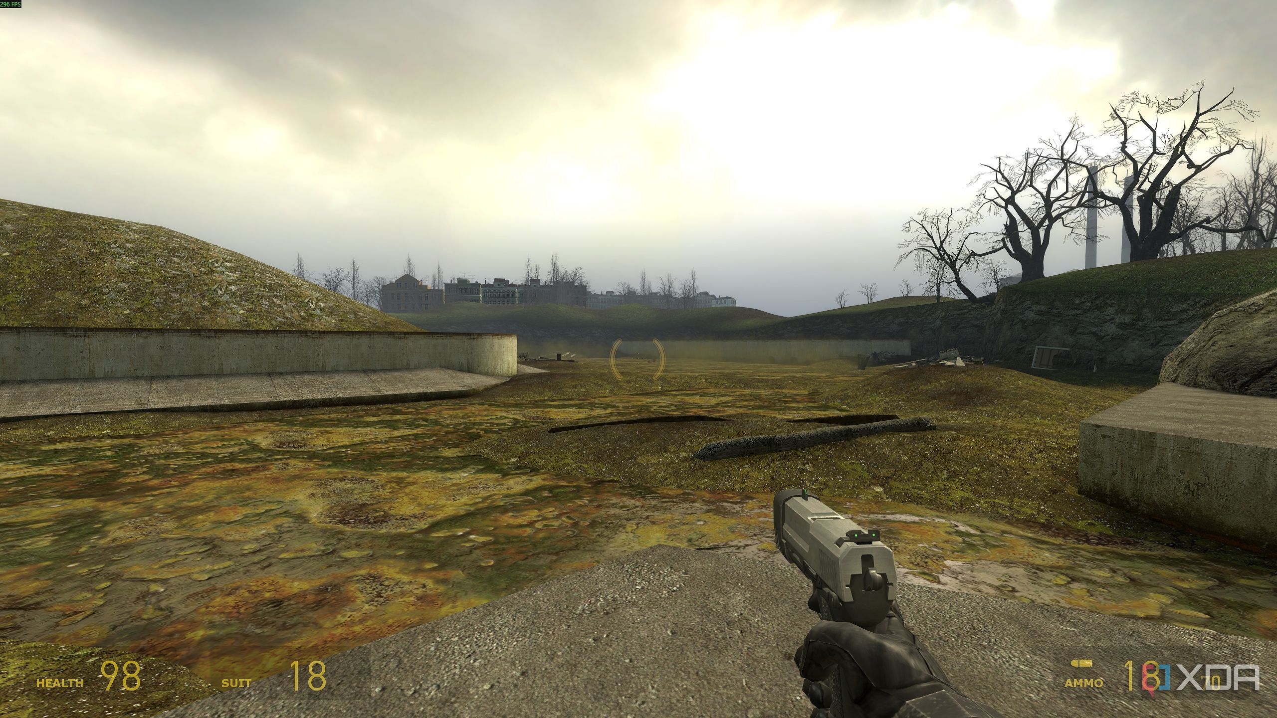 An irradiated lake in the Water Hazard level of Half-Life 2.