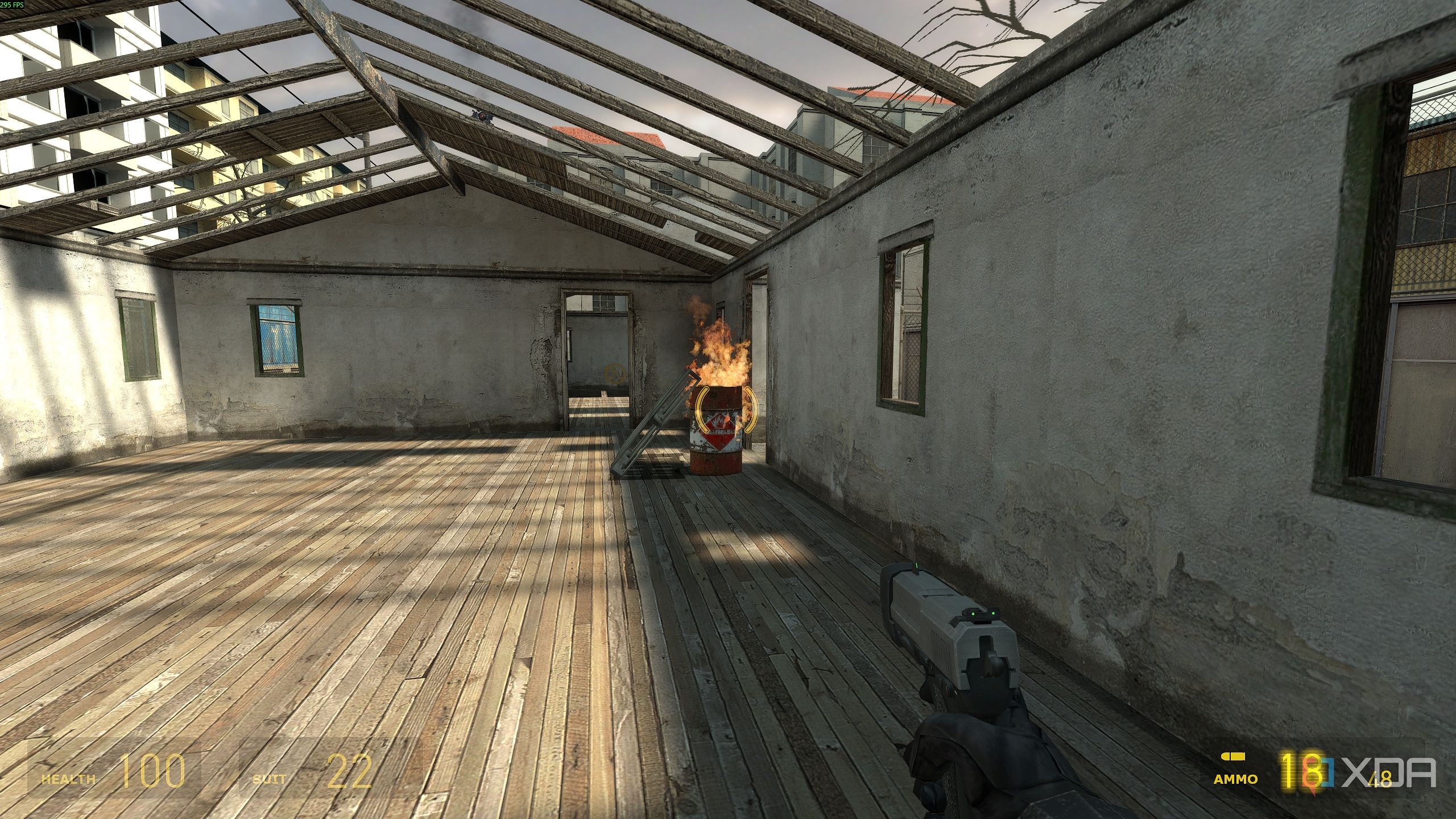A flaming barrle in Half-Life 2.