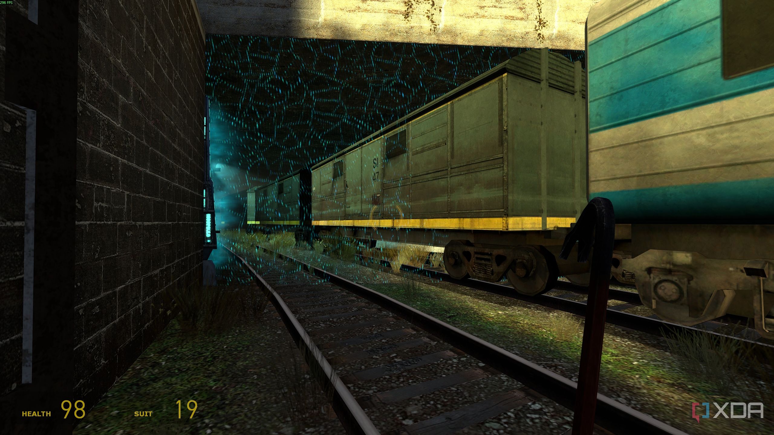 A train piercing through a barricade in Half-Life 2.