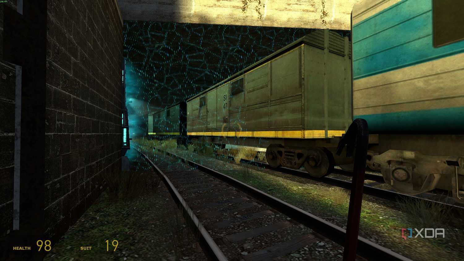 A train piercing through a barricade in Half-Life 2.