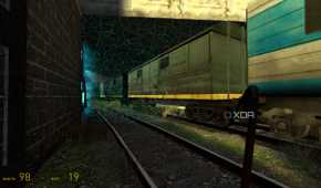 A train piercing through a barricade in Half-Life 2.