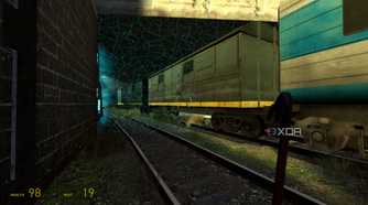 A train piercing through a barricade in Half-Life 2.