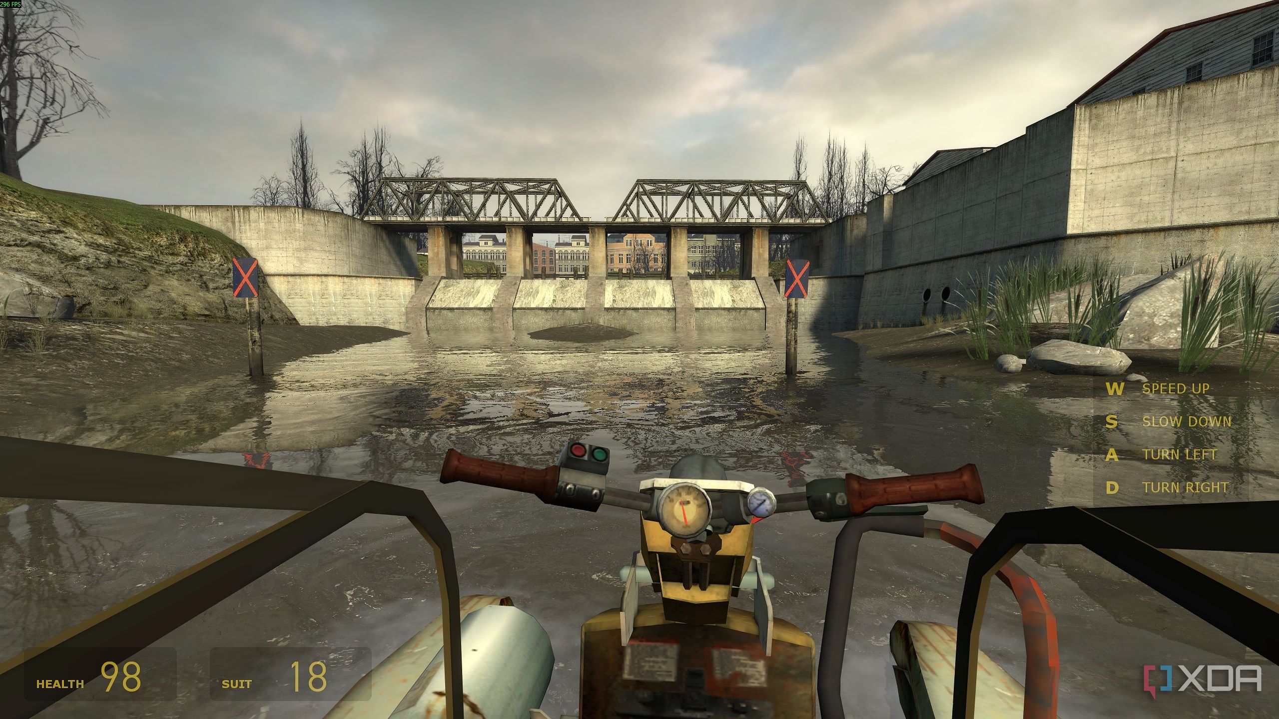 Gordon riding a boat in water in Half-Life 2.