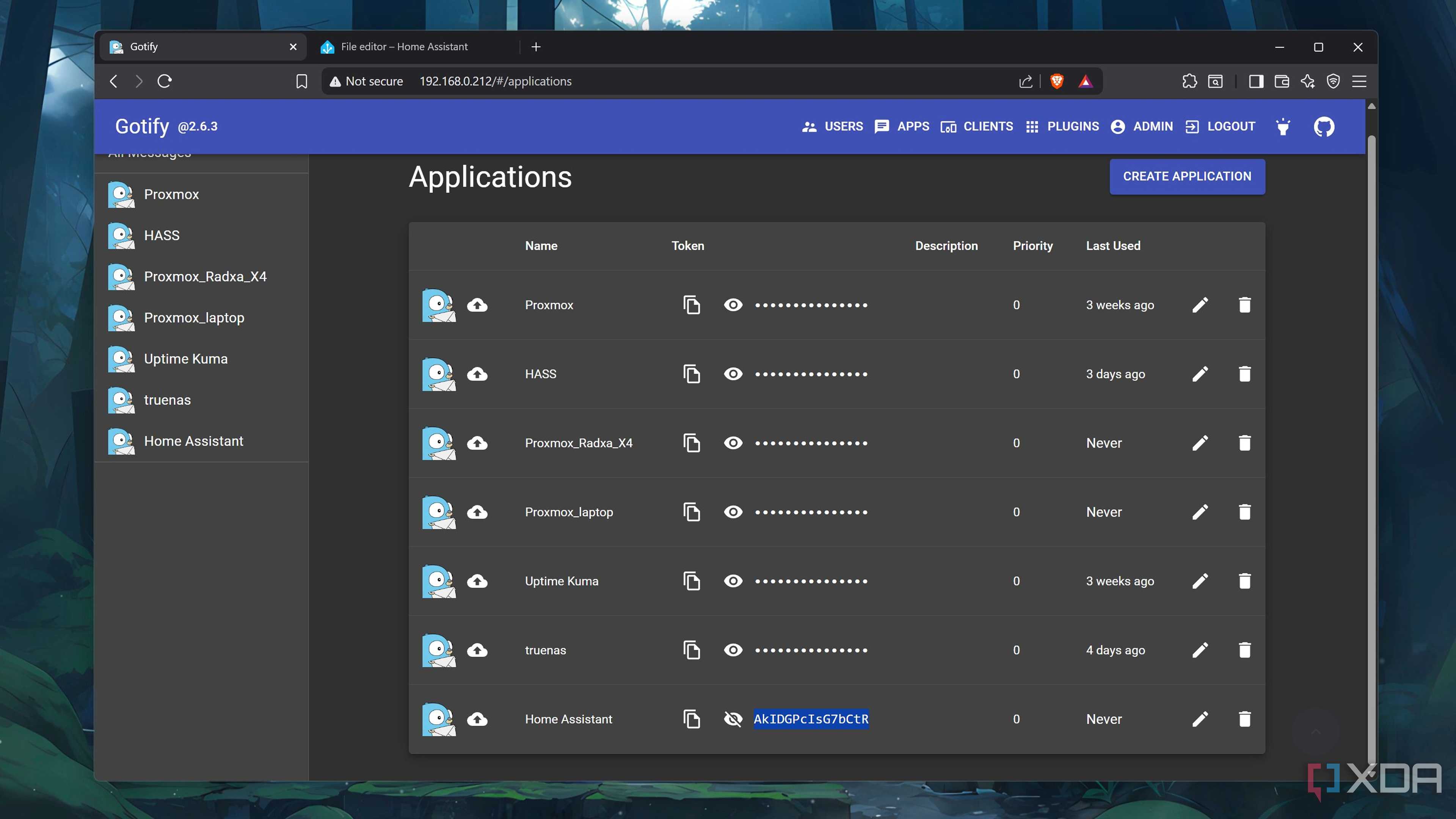 The App list in Gotify