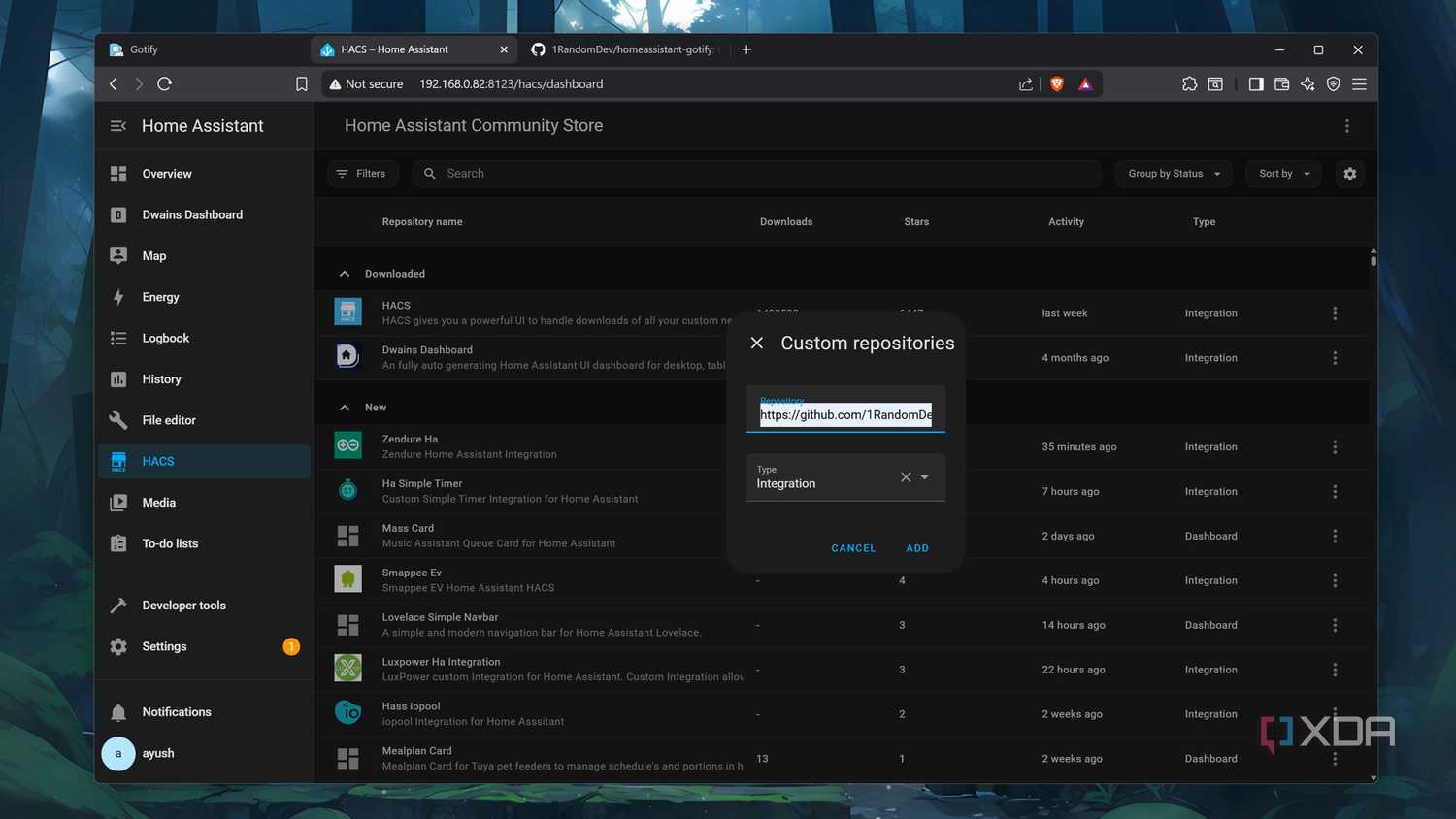 Adding the Gotify repo to HACS