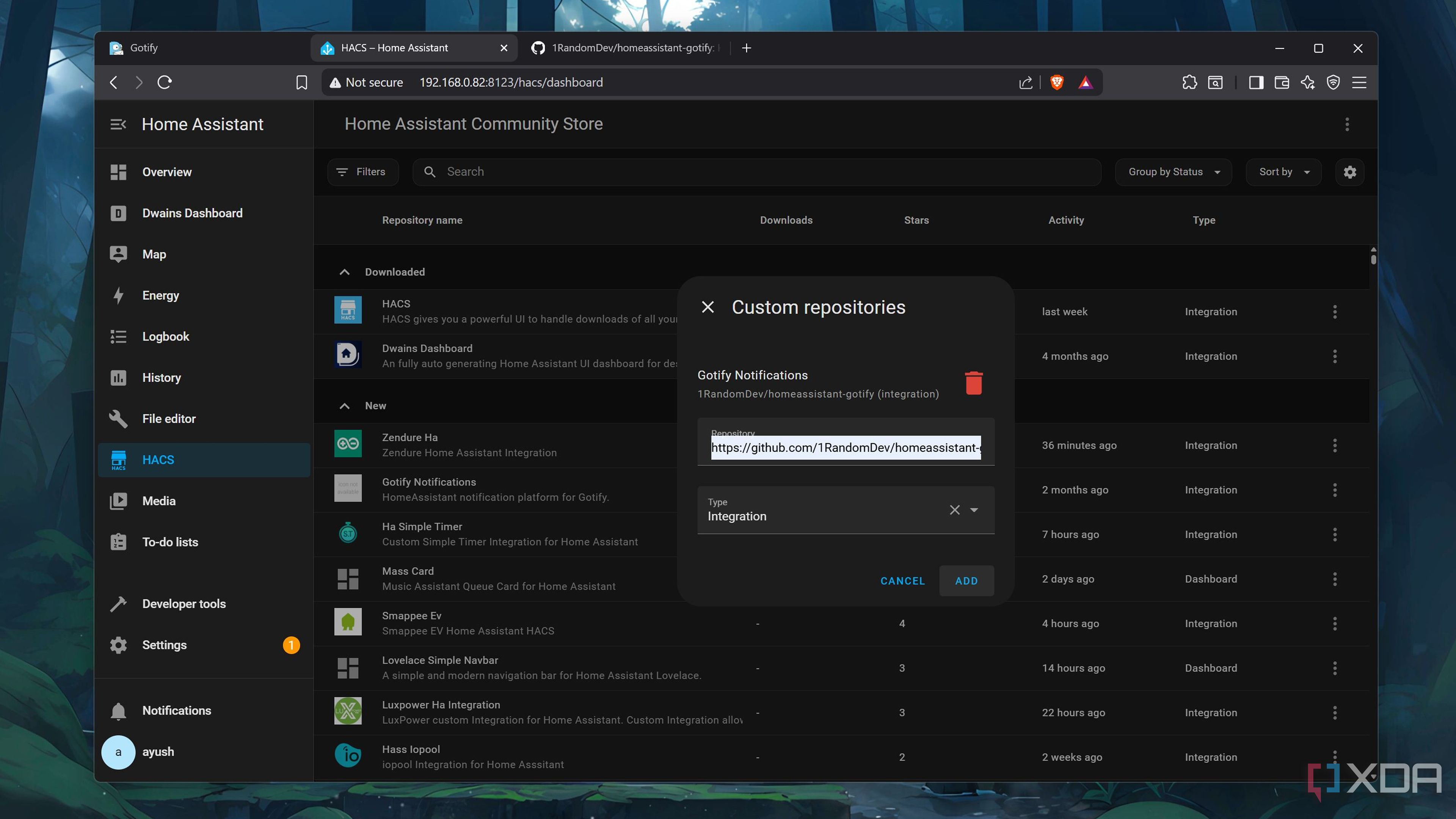 Adding the Gotify repository to HACS