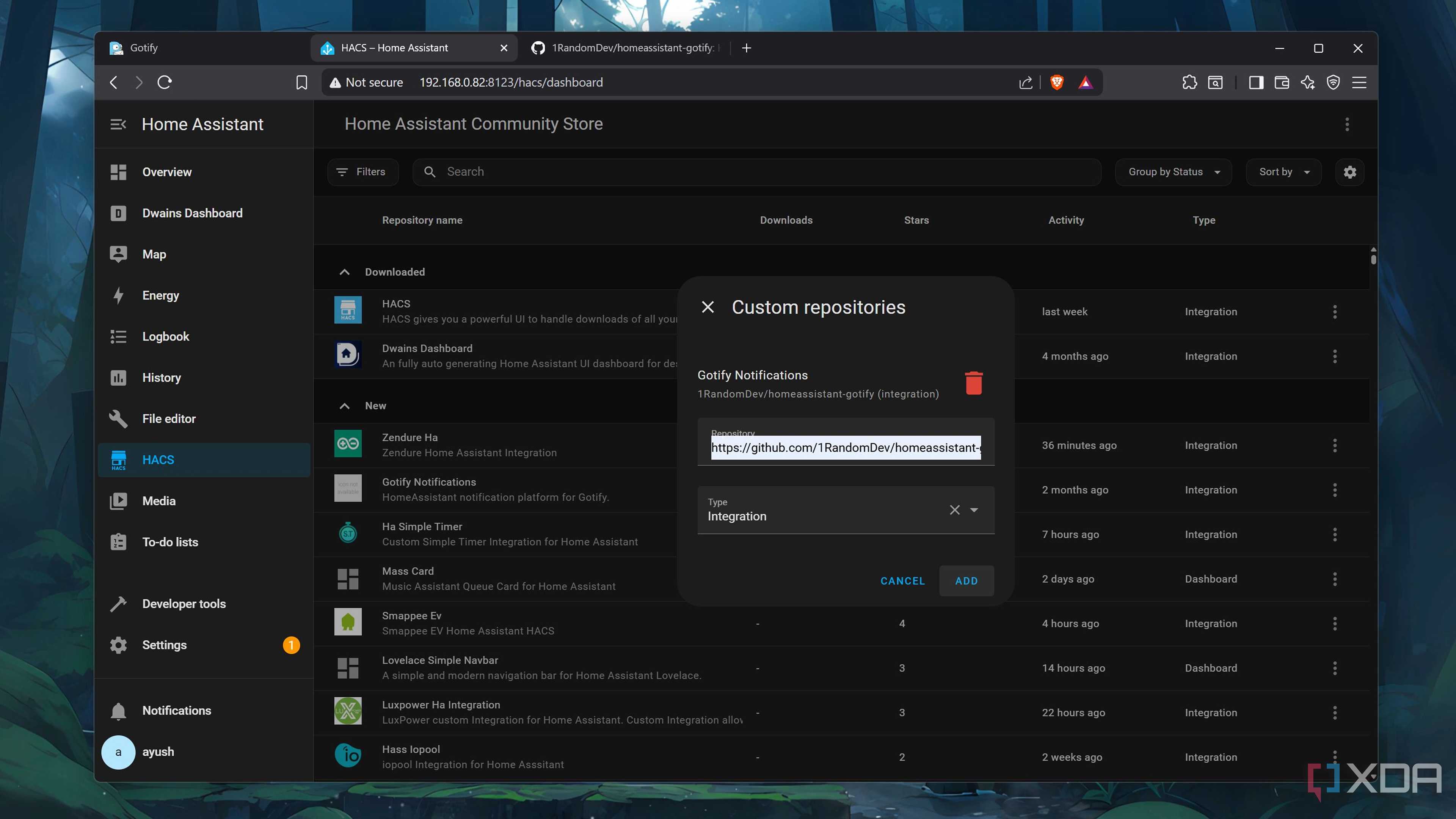 Adding the Gotify repository to HACS