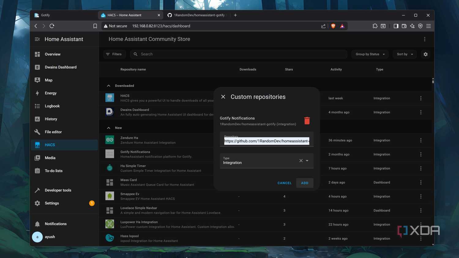 Adding the Gotify repository to HACS
