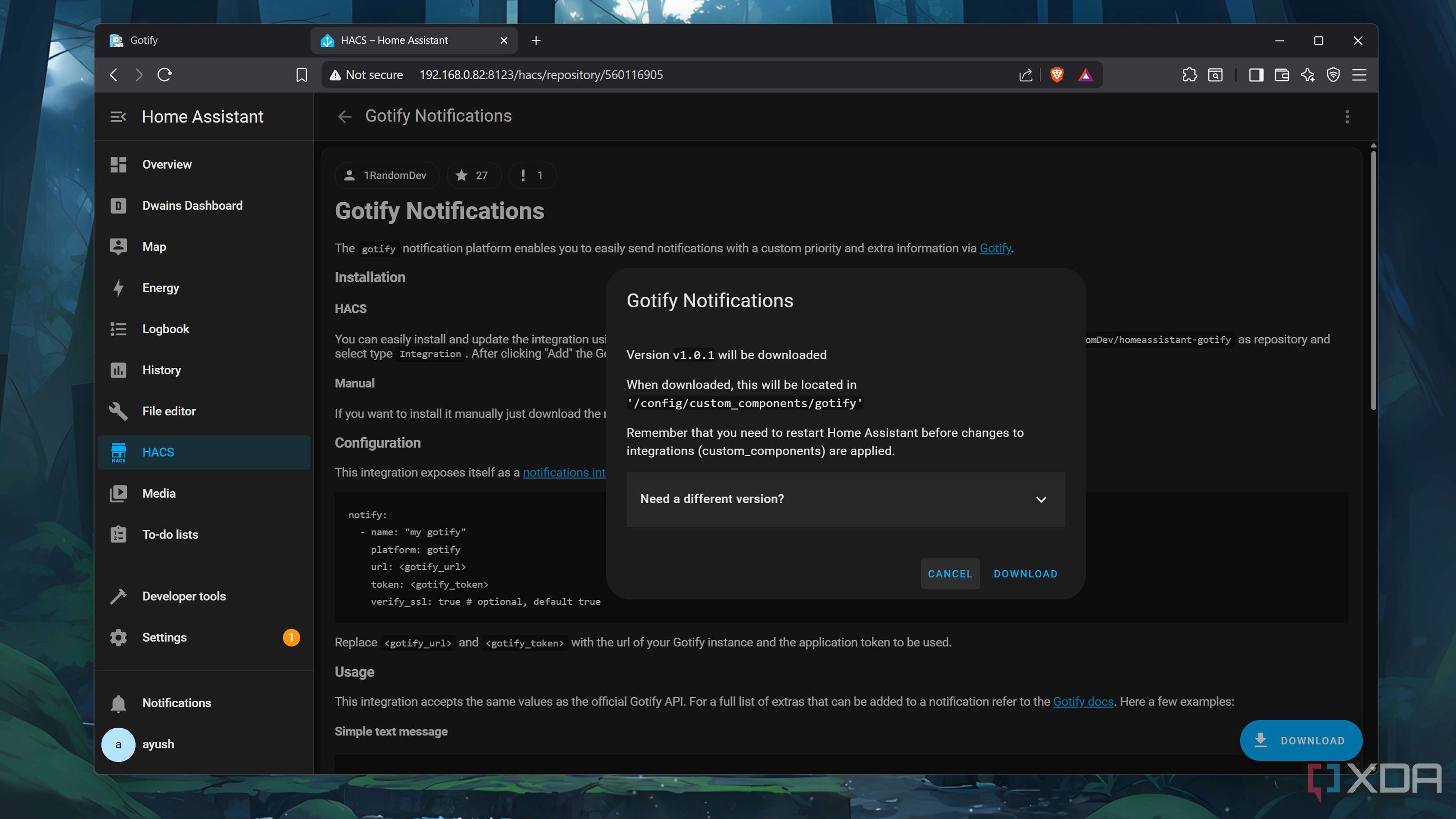 Downloading the Gotify integration from HACS