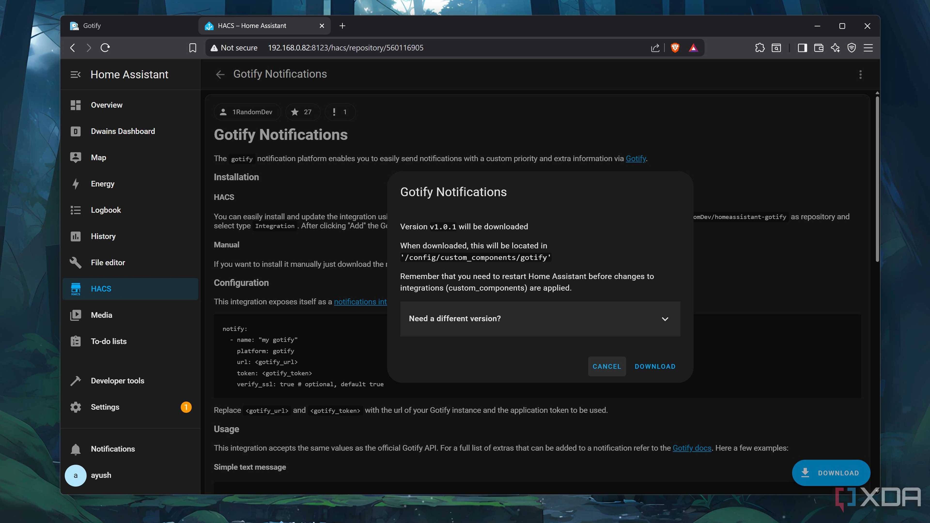 Downloading the Gotify integration from HACS