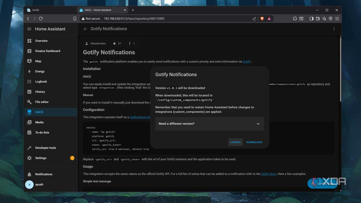 Downloading the Gotify integration from HACS