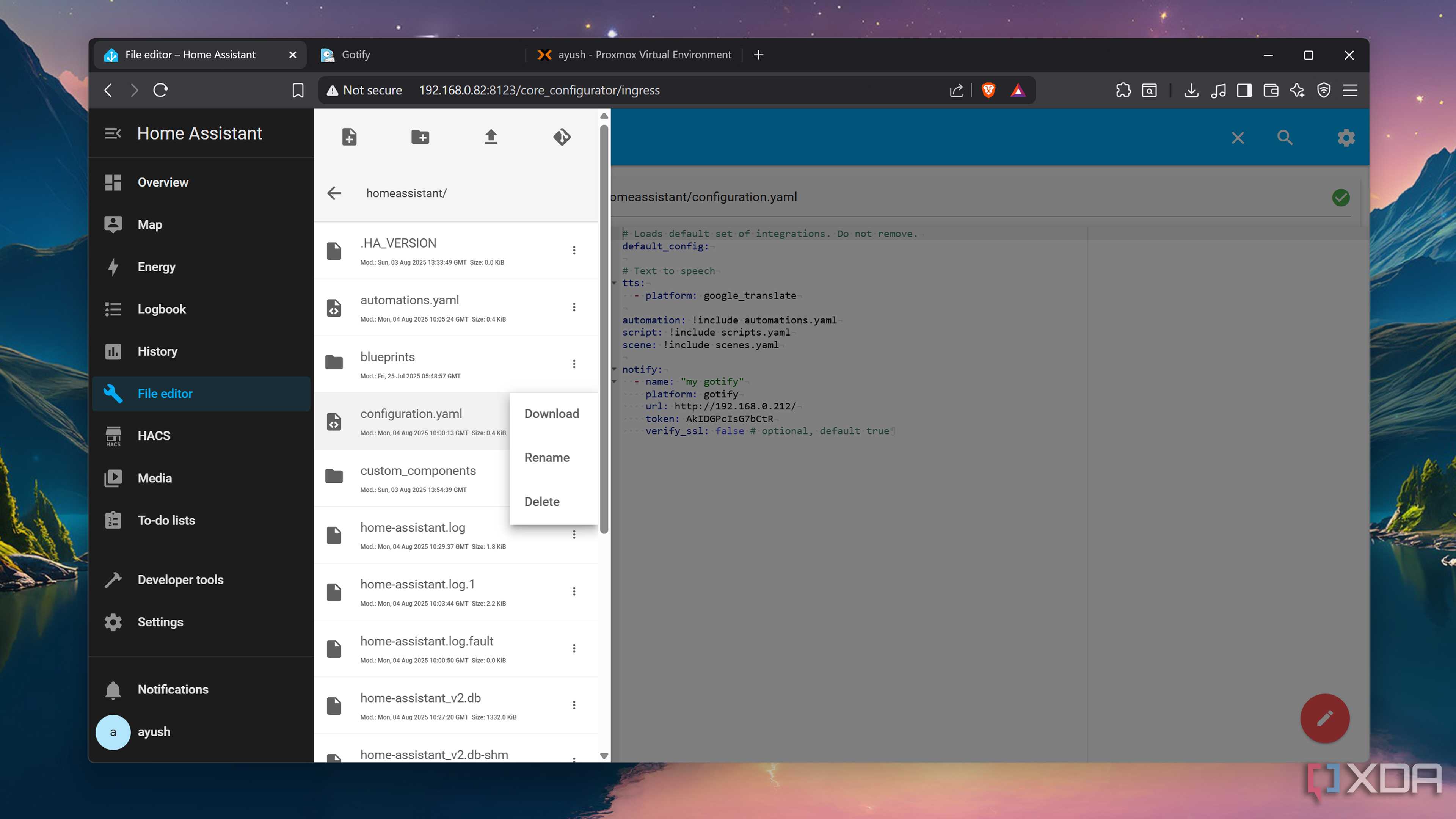 Selecting the configuration.yaml file in HASS