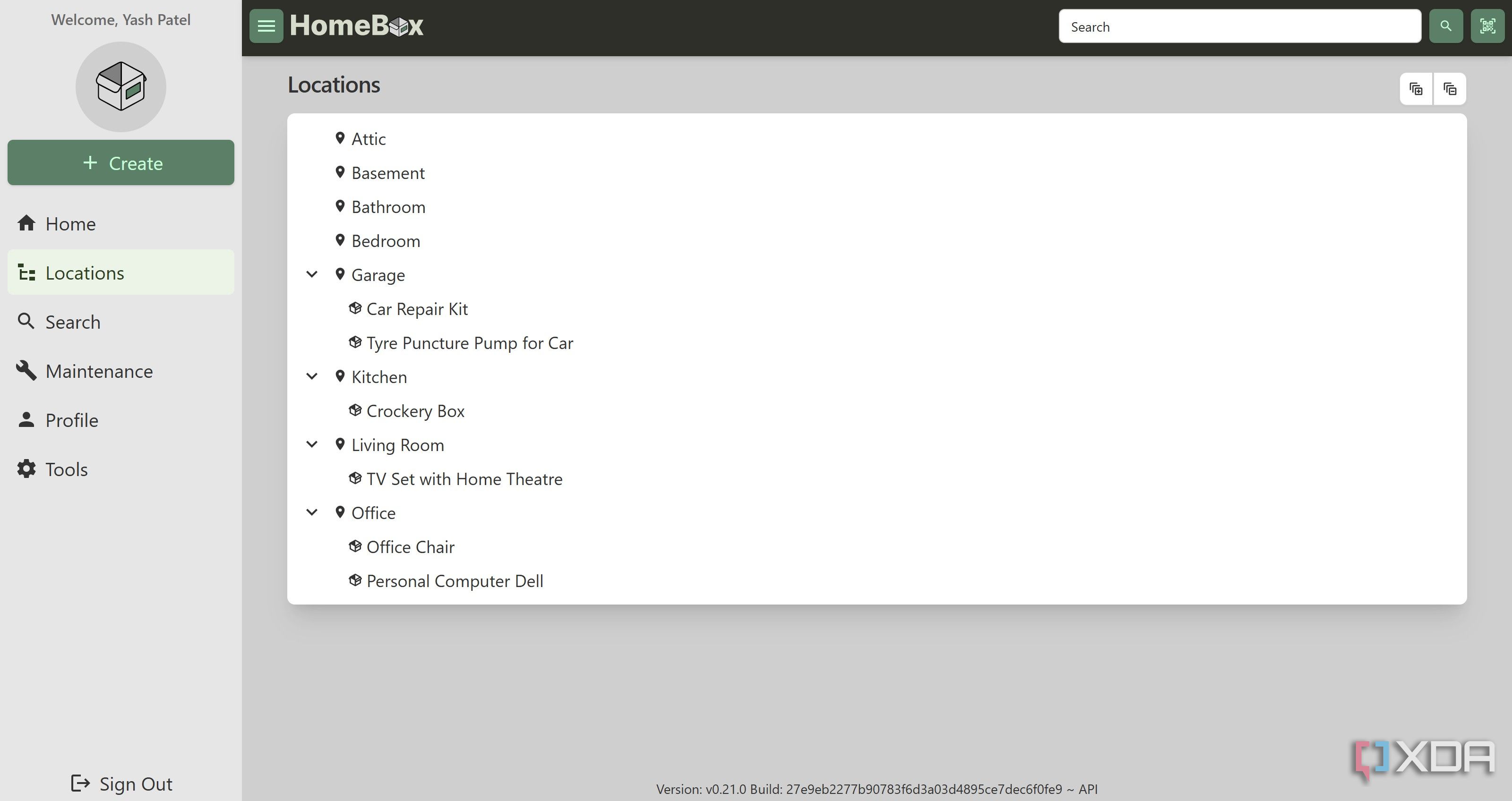 Locations page in Homebox