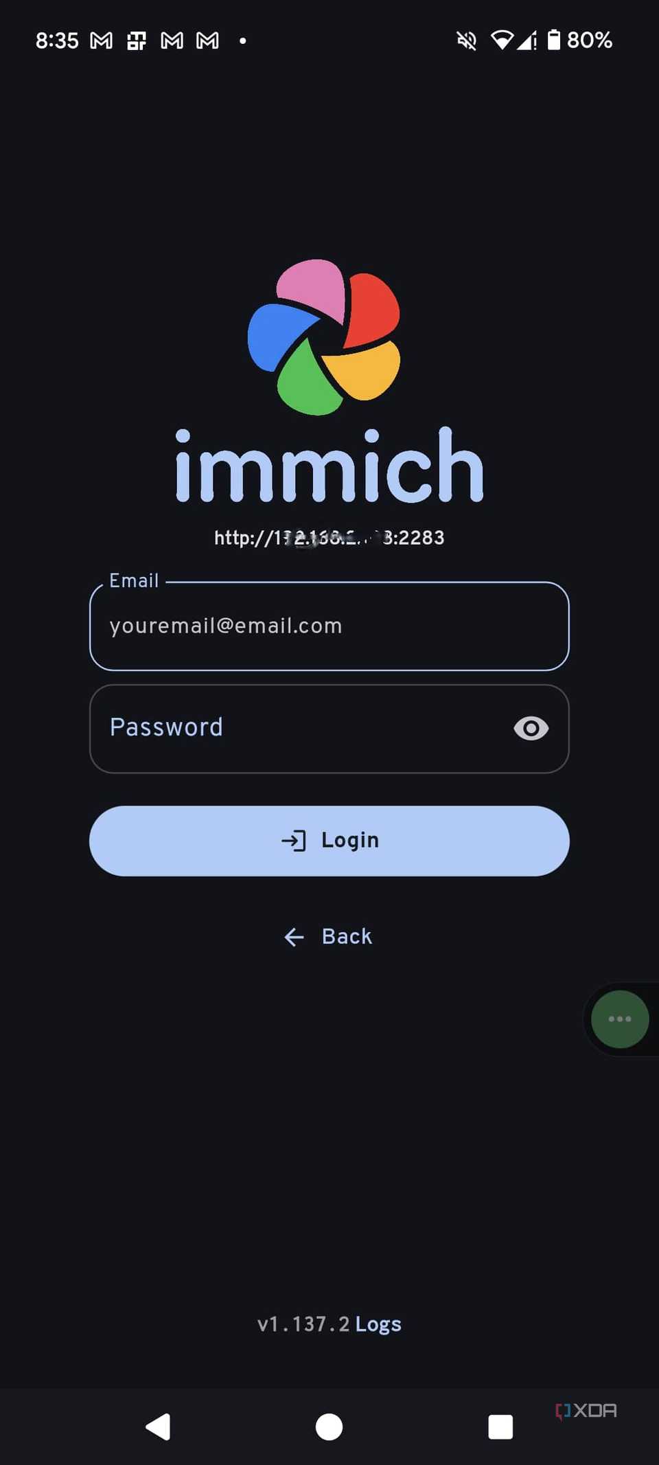 Email password page in Immich mobile app