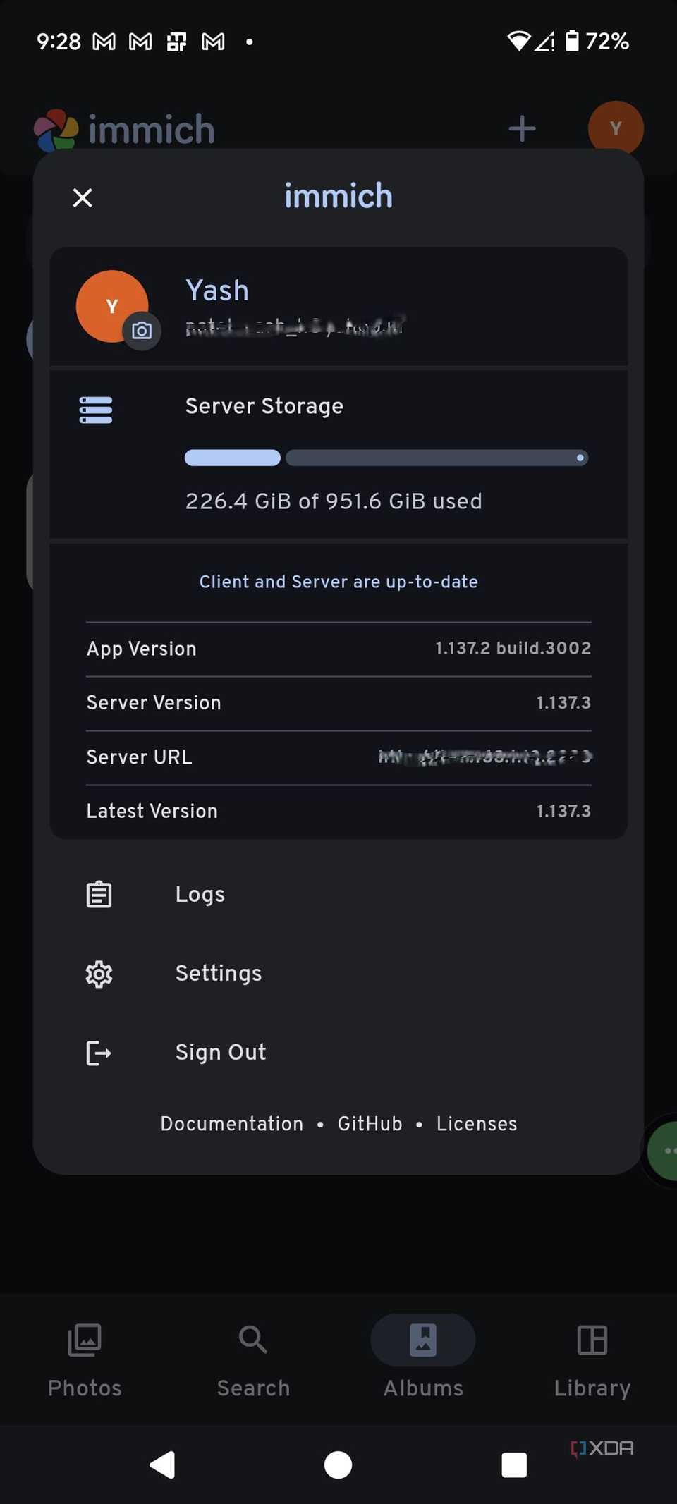 Settings in Immich mobile app