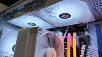 Close up of the top ARGB case fans inside an NZXT H5 Flow Starfield gaming PC case