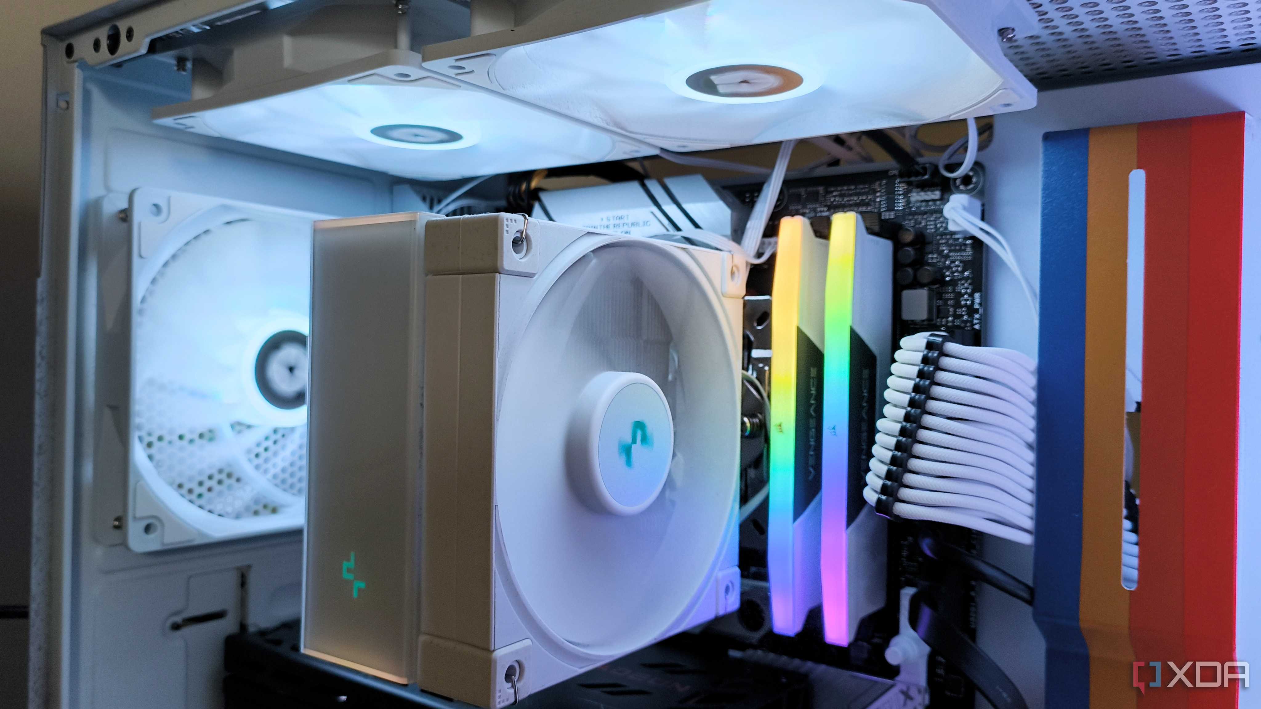 Close up of the ARGB fans and CPU cooler inside an NZXT H5 Flow Starfield gaming PC case