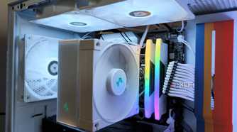 Close up of the ARGB fans and CPU cooler inside an NZXT H5 Flow Starfield gaming PC case