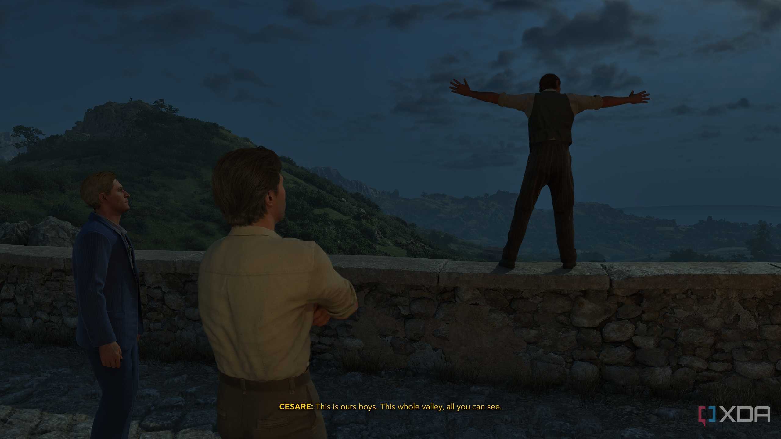 Enzo and Leo looking at Cesare standing on a bridge in Mafia: The Old Country.